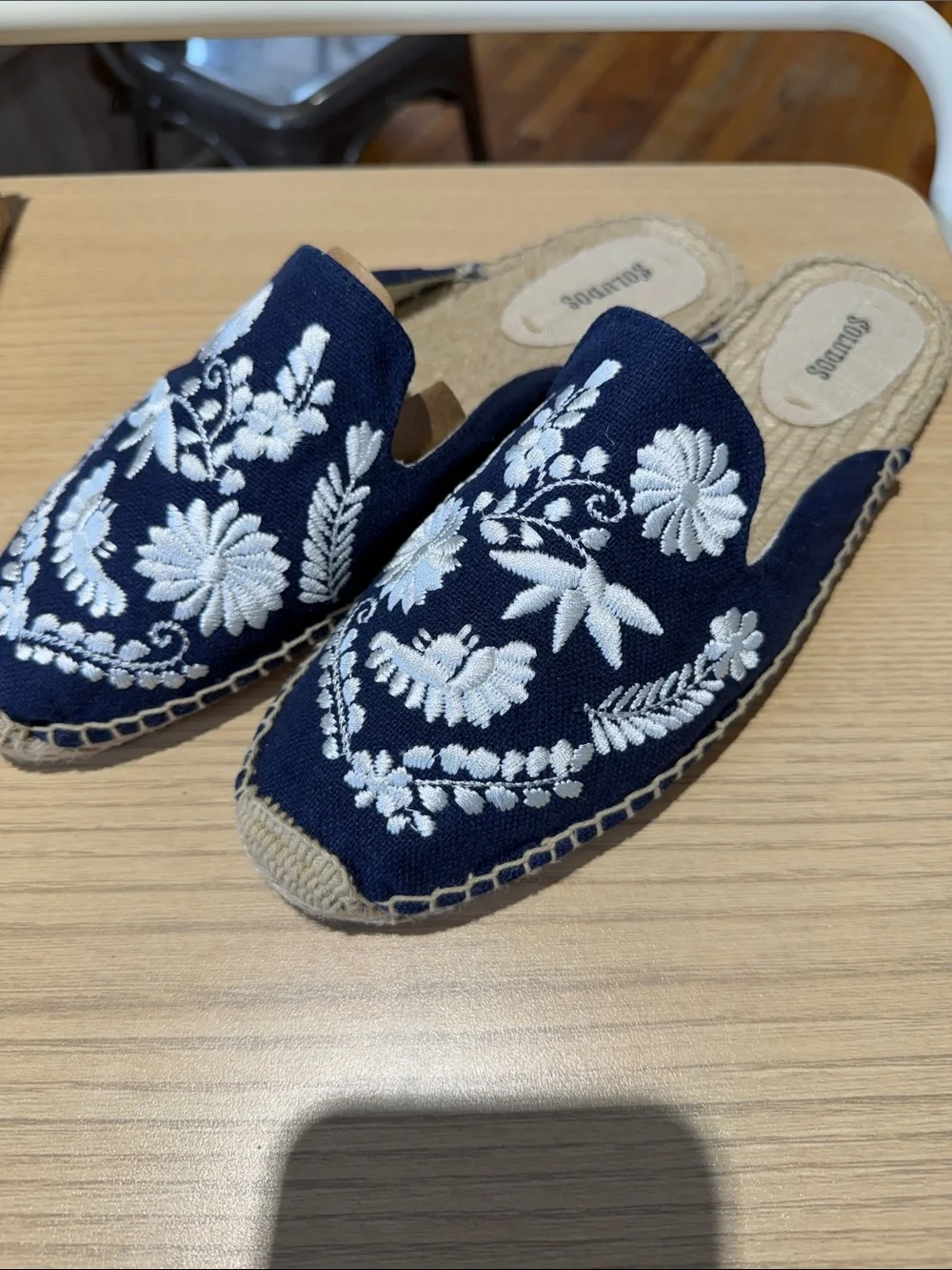 Soludos Navy Espadrille Slip-On Mules with White Floral Embroidery